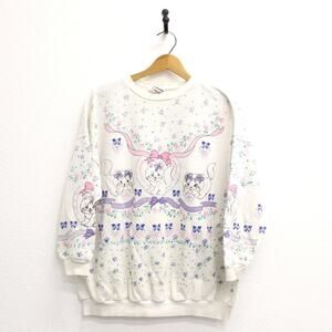 Vintage Kitty Cat Hearts Bows Flowers Sweatshirt Large